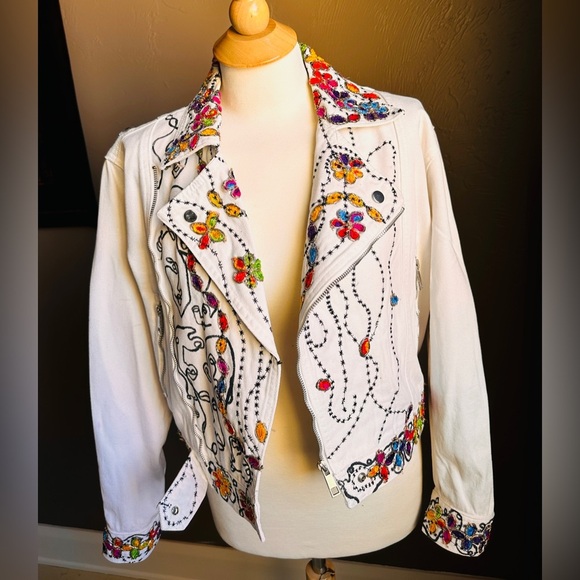 Handmade Upcycled White Denim Jacket Small Artist Embroidered One-of-a-Kind Coat - Picture 1 of 9